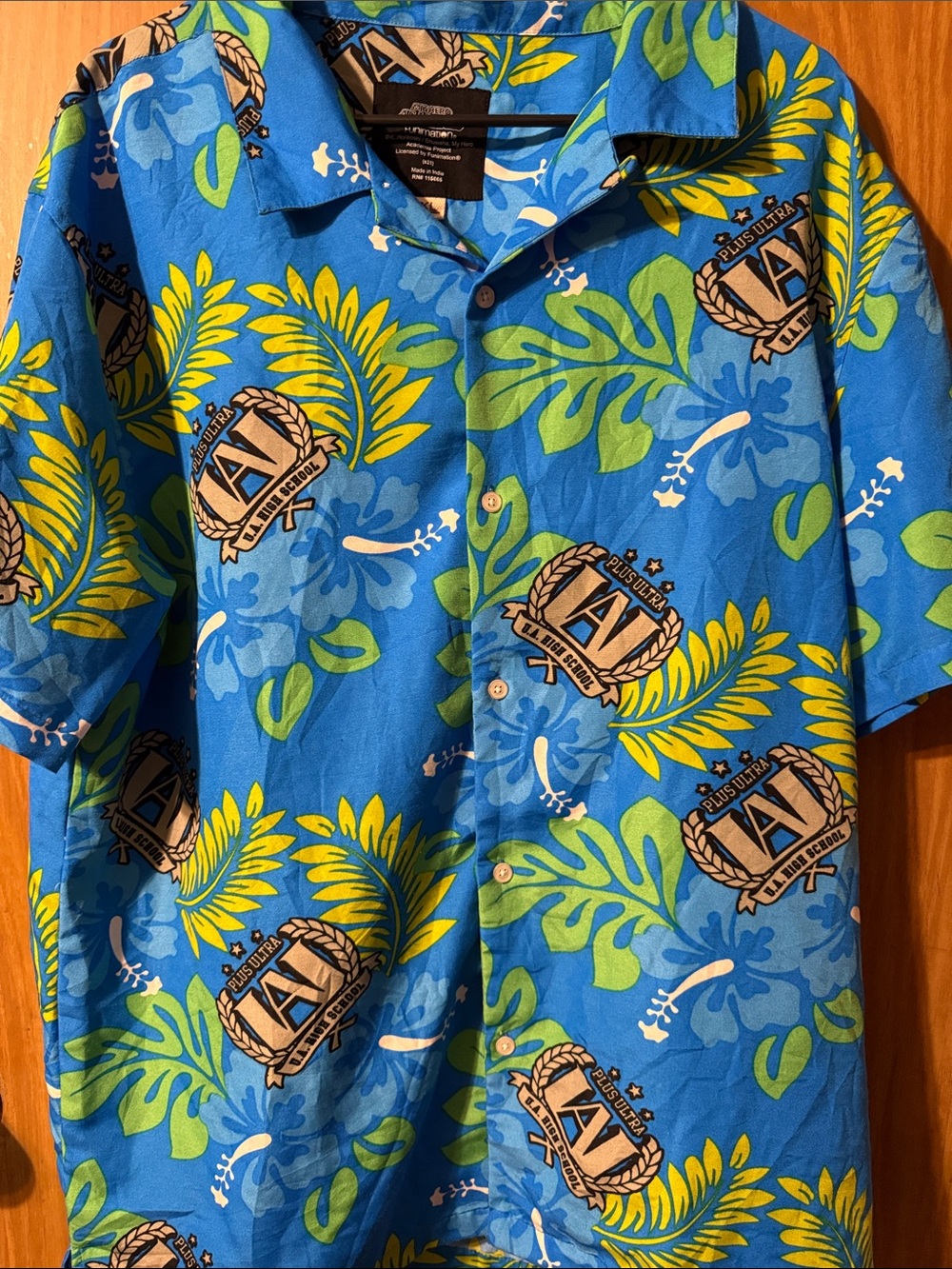Men's XL Blue Tropical Button-Down Camp Shirt with Green Leaf Print
